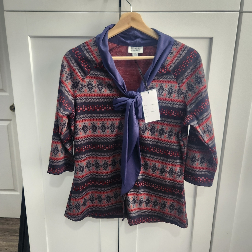 Unique Vintage Tie Neck Printed Top size Large 10-12